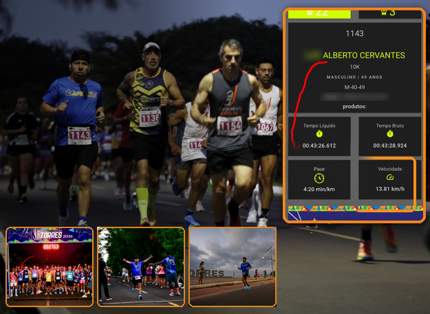 Registro da prova de 10 km com pace de 4 minutos e 20 segundos por quilômetro