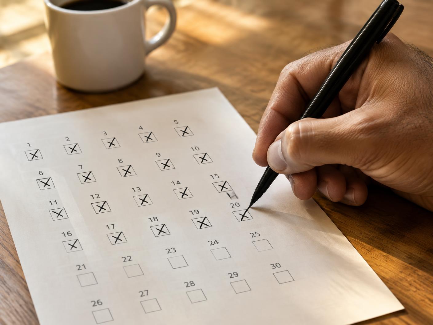 Mão marcando um X no checklist impresso sobre uma mesa
