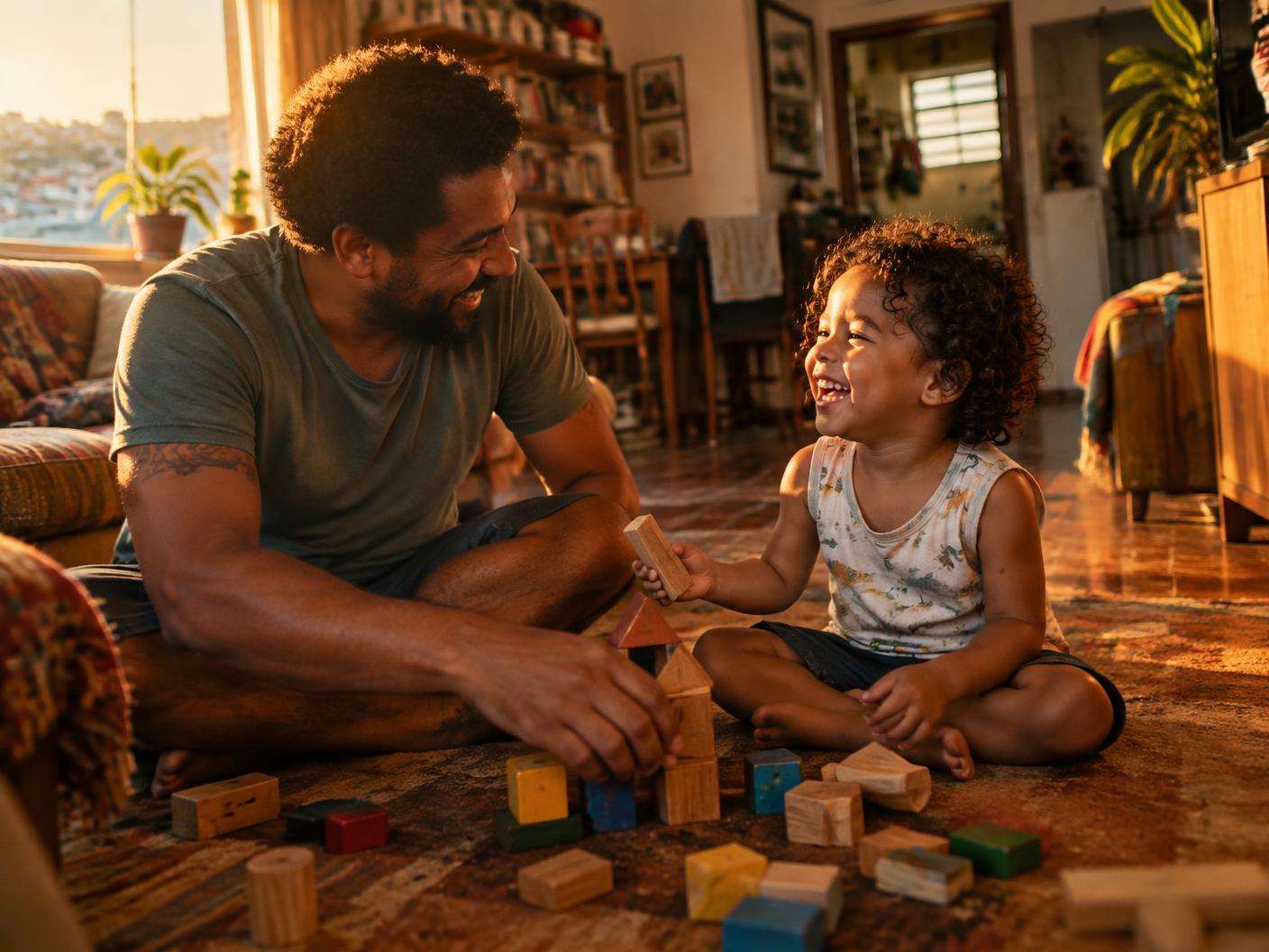 Pai brincando no chão da sala com o filho no fim da tarde